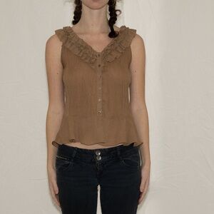Y2k mesh ruffle tank top brown button up size small hayley matthews